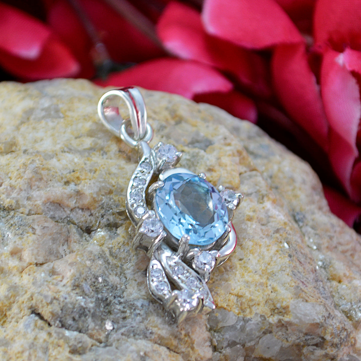 Riyo Genuine Gems Oval Faceted Blue Blue Topaz Sterling Silver Pendants gift for engagement