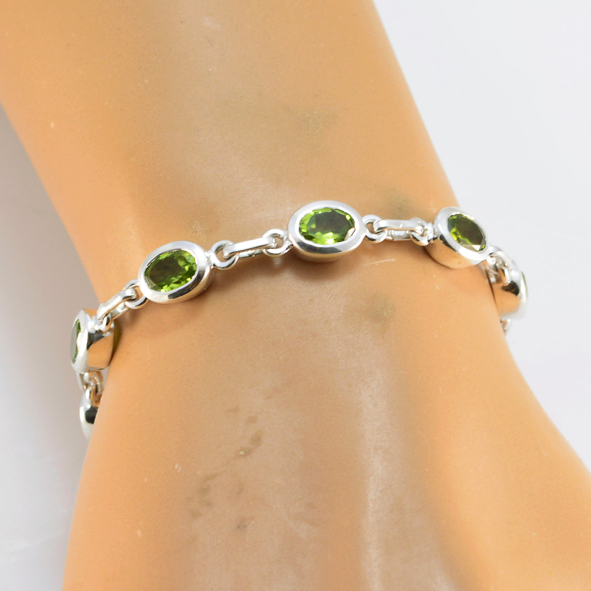 Riyo Genuine Gems Oval Faceted Green Peridot Silver Bracelets gift for independence day