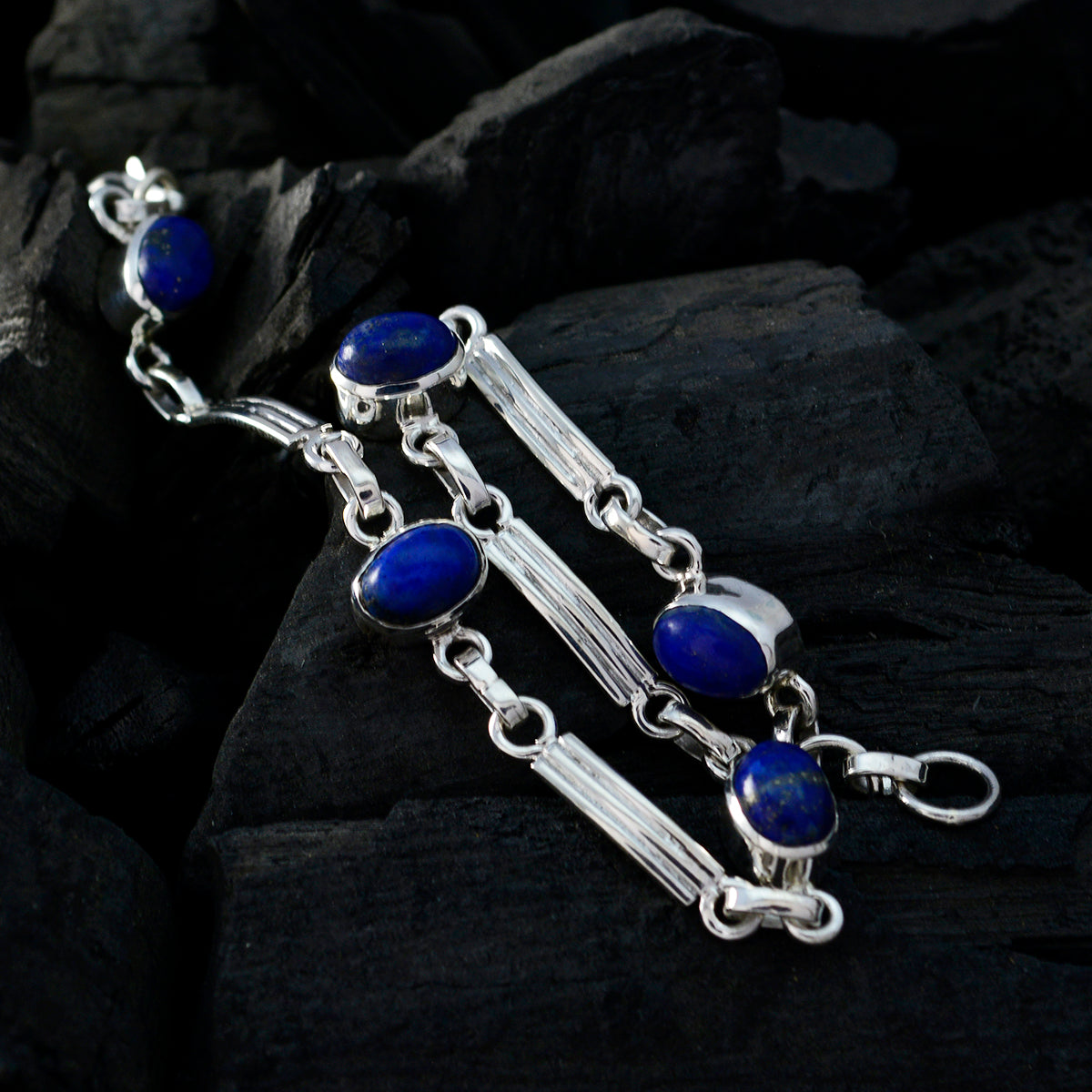 Riyo Genuine Gems Oval Faceted Navy Blue Lapis Lazuli Silver Bracelet gift for grandmom