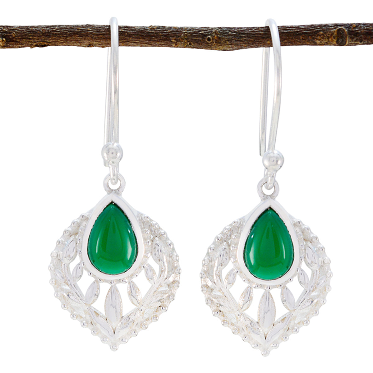 Riyo Genuine Gems Pear Cabochon Green Onyx Silver Earring gift for christmas