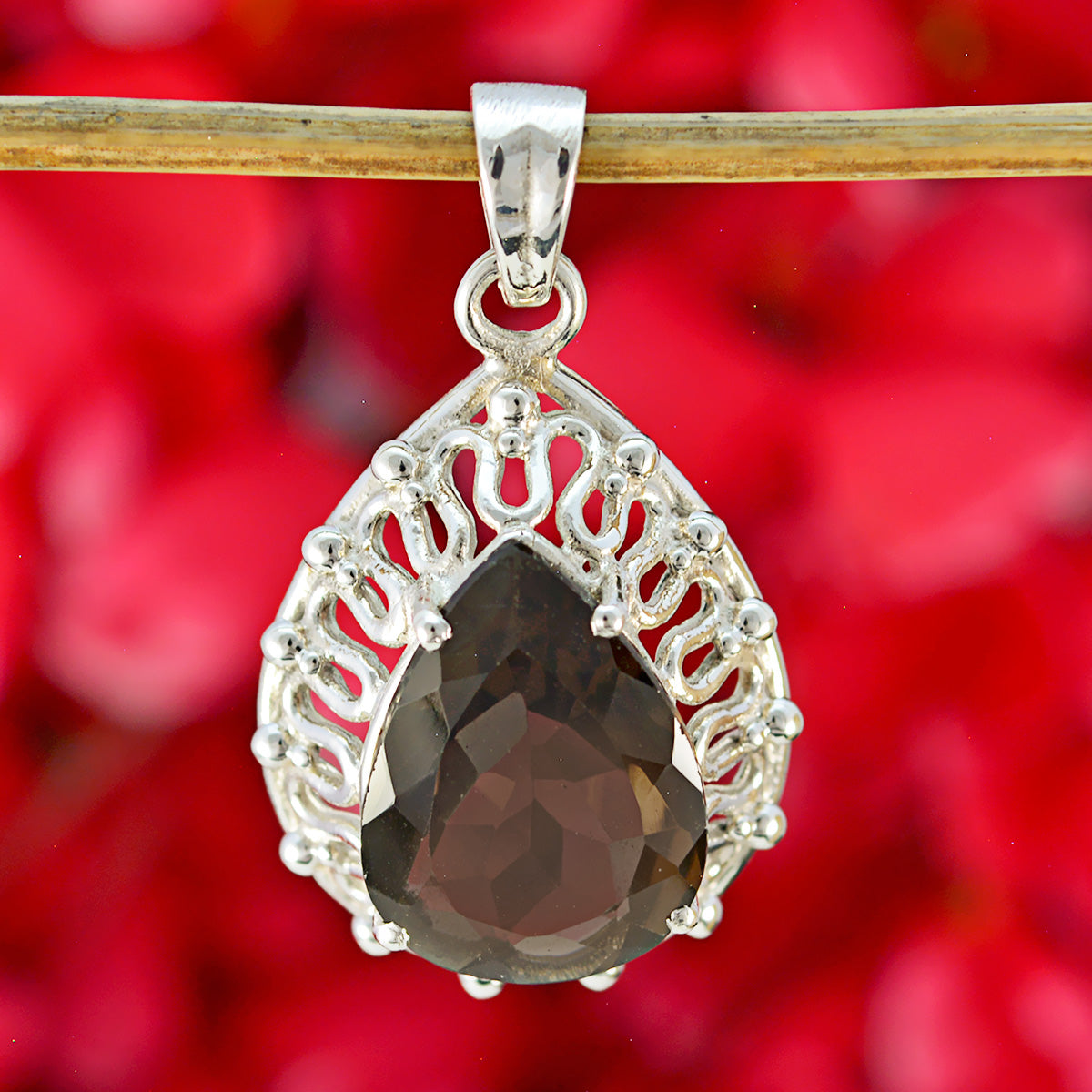 Riyo Genuine Gems Pear Faceted Brown smoky quartz 925 Silver Pendant gift for grandmom