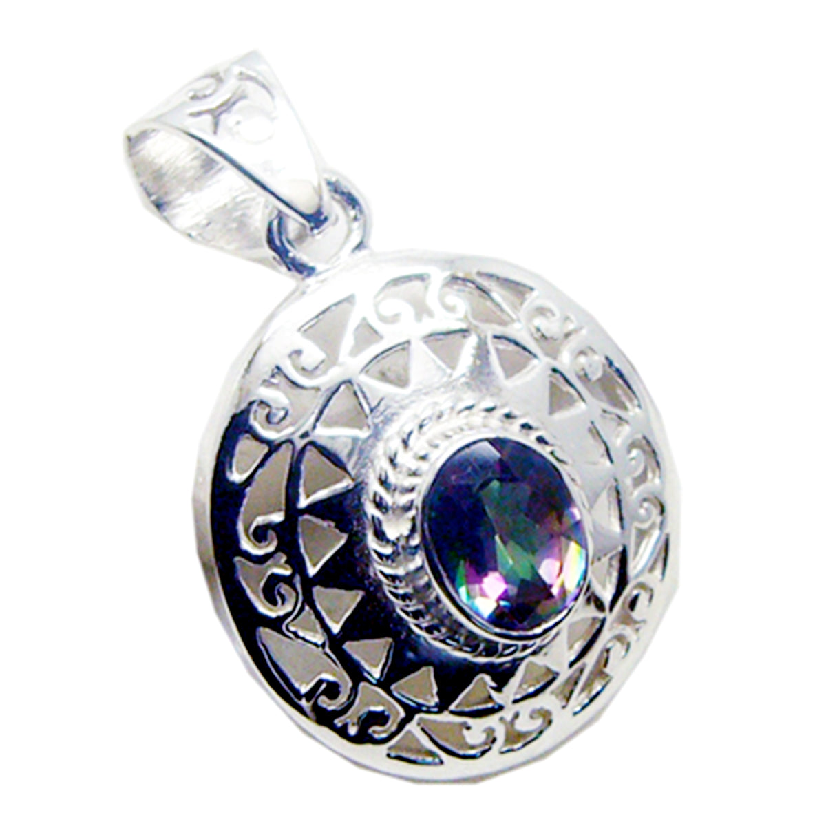 Riyo Genuine Gems Round Faceted Multi Color Mystic Quartz 925 Sterling Silver Pendant gift for halloween