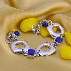 Riyo Genuine Gems Round/Square Cabochon Navy Blue Lapis Lazuli Silver Bracelets Faishonable day gift