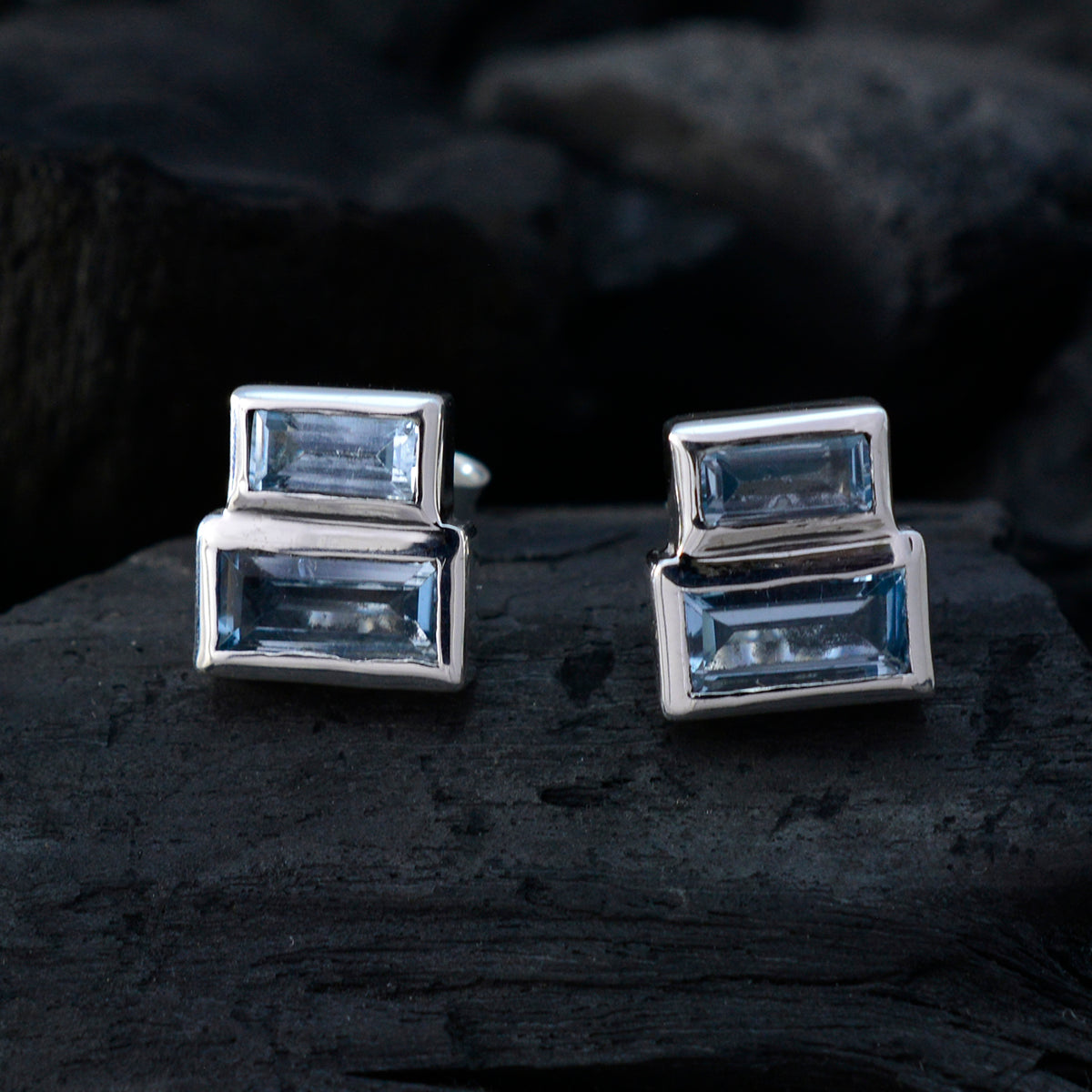 Riyo Genuine Gems baguette Faceted Blue Topaz Silver Earrings gift for women