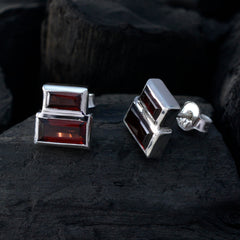 Riyo Genuine Gems baguette Faceted Red Garnet Silver Earring gift for valentine's day