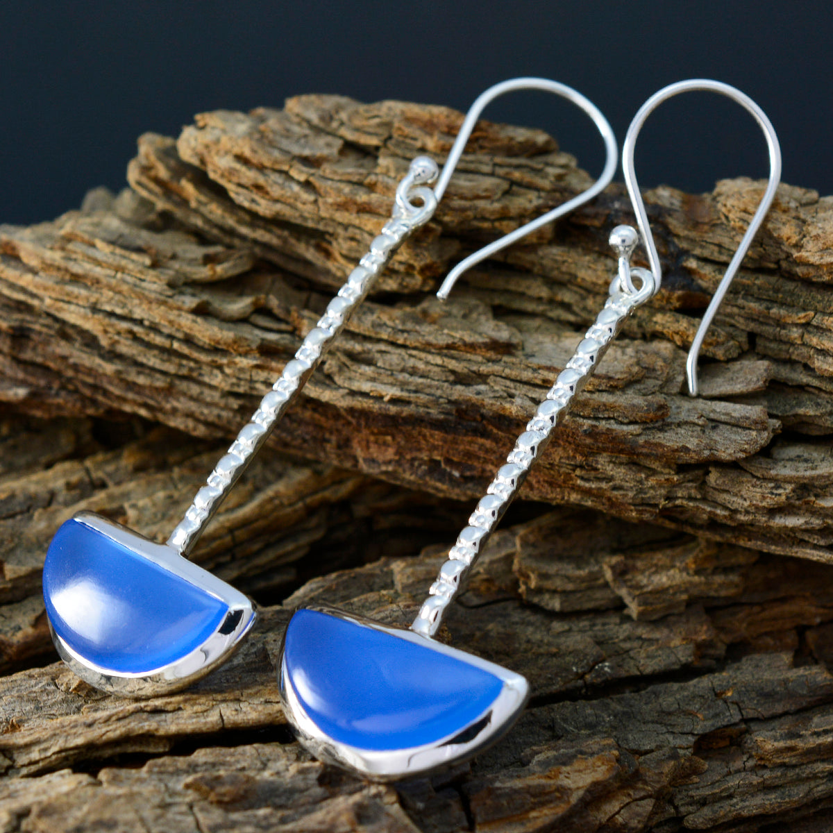 Riyo Genuine Gems fancy Cabochon Blue Chalcedony Silver Earrings gift for college