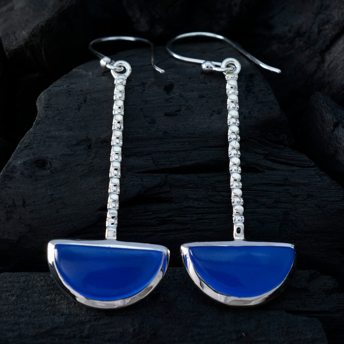 Riyo Genuine Gems fancy Cabochon Blue Chalcedony Silver Earrings gift for college