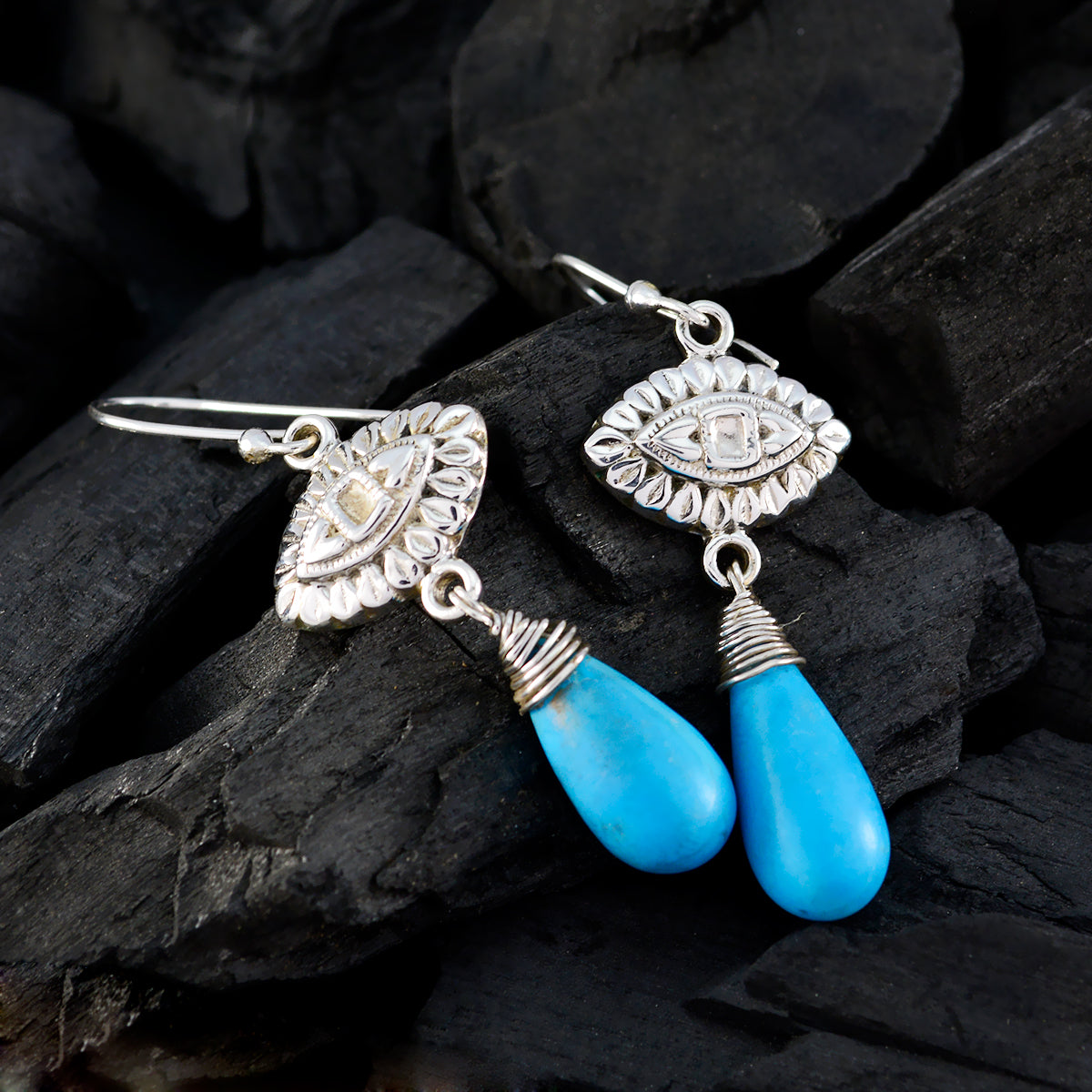 Riyo Genuine Gems fancy Cabochon Multi Turquoise Silver Earring mom gift