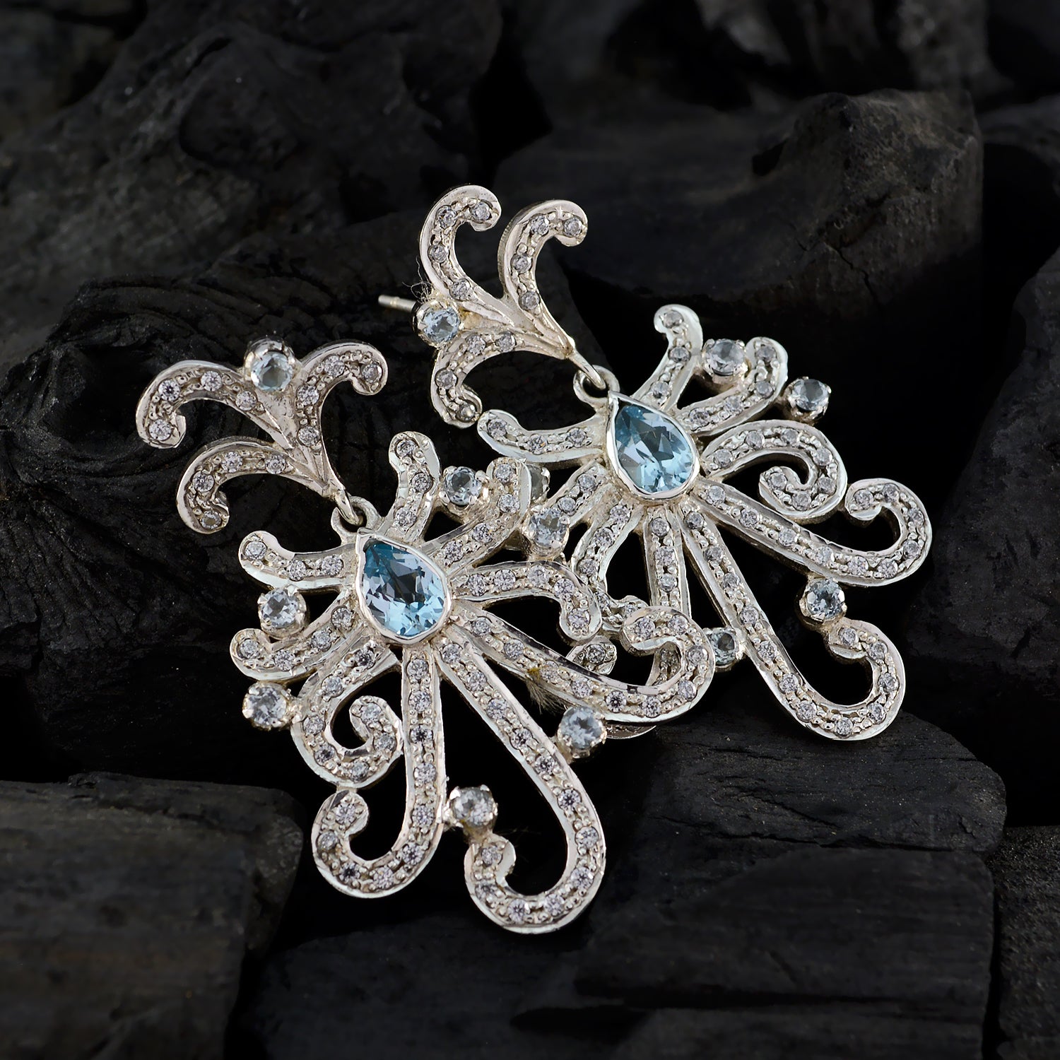 Riyo Genuine Gems multi shape Faceted Blue Topaz Silver Earrings gift for easter Sunday