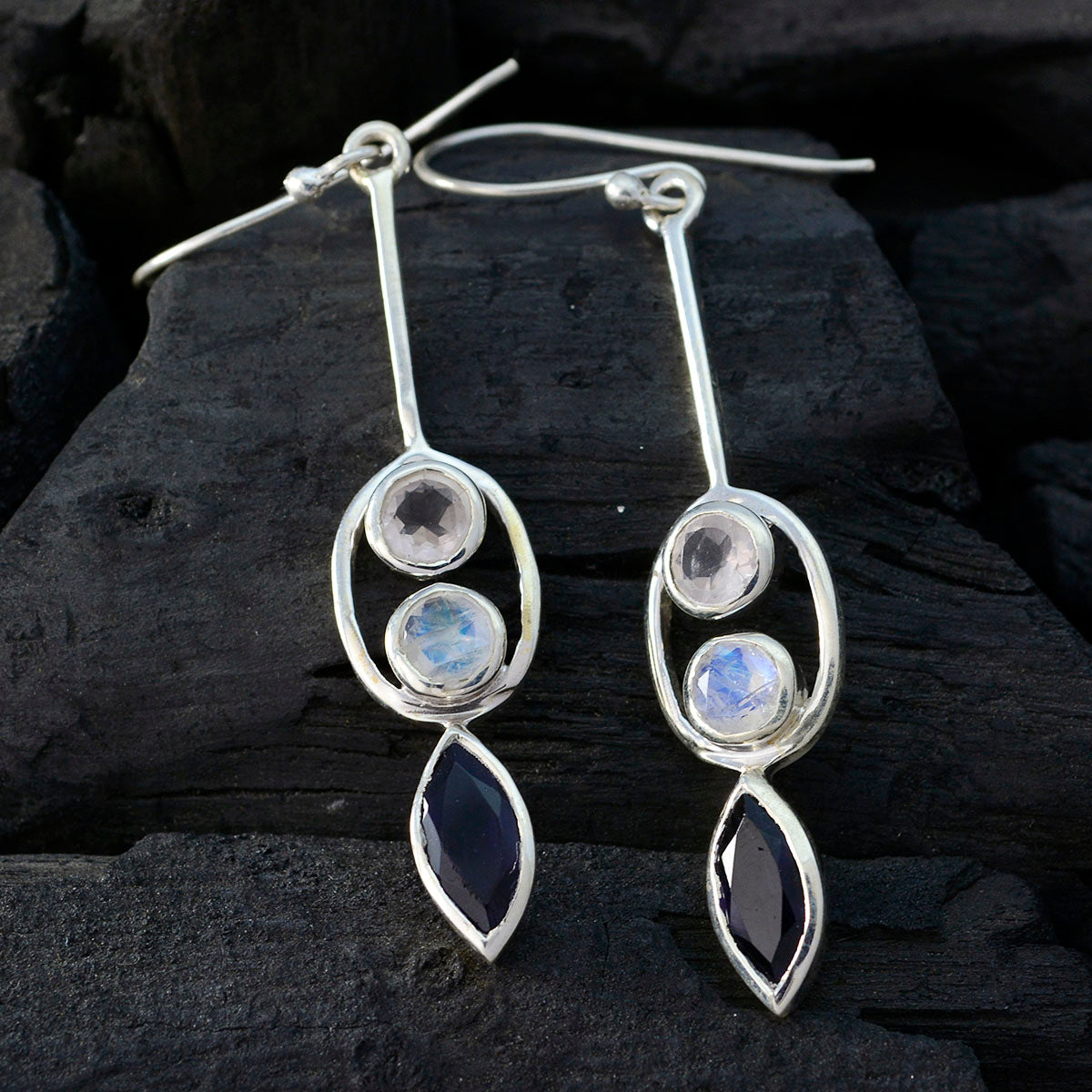 Riyo Genuine Gems multi shape Faceted Multi Multi Stone Silver Earring gift for brithday