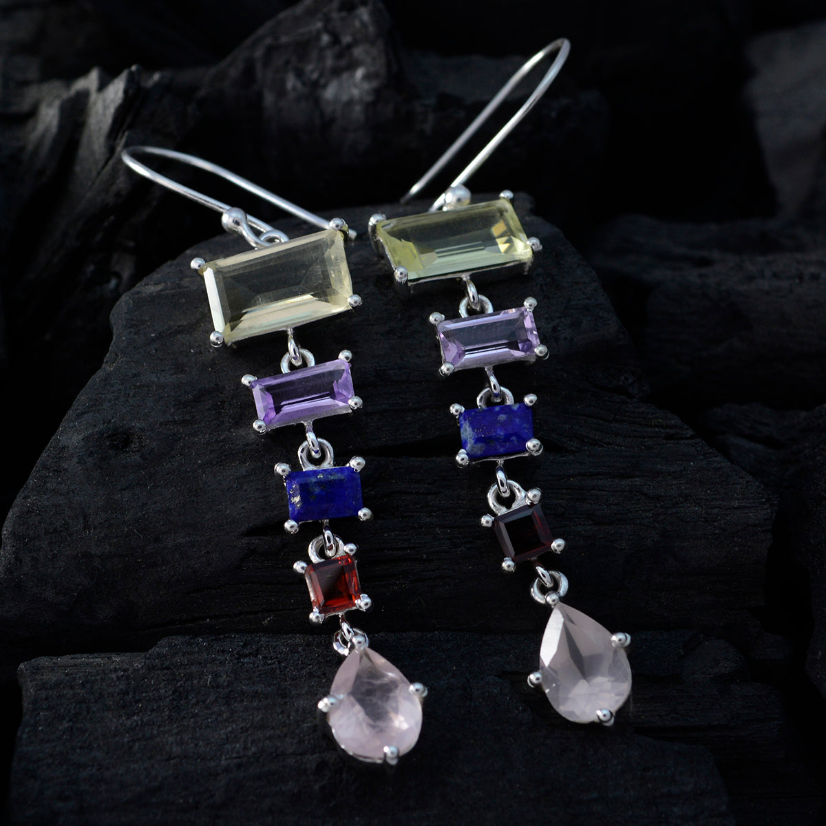 Riyo Genuine Gems multi shape Faceted Multi Multi Stone Silver Earring gift for mothers day
