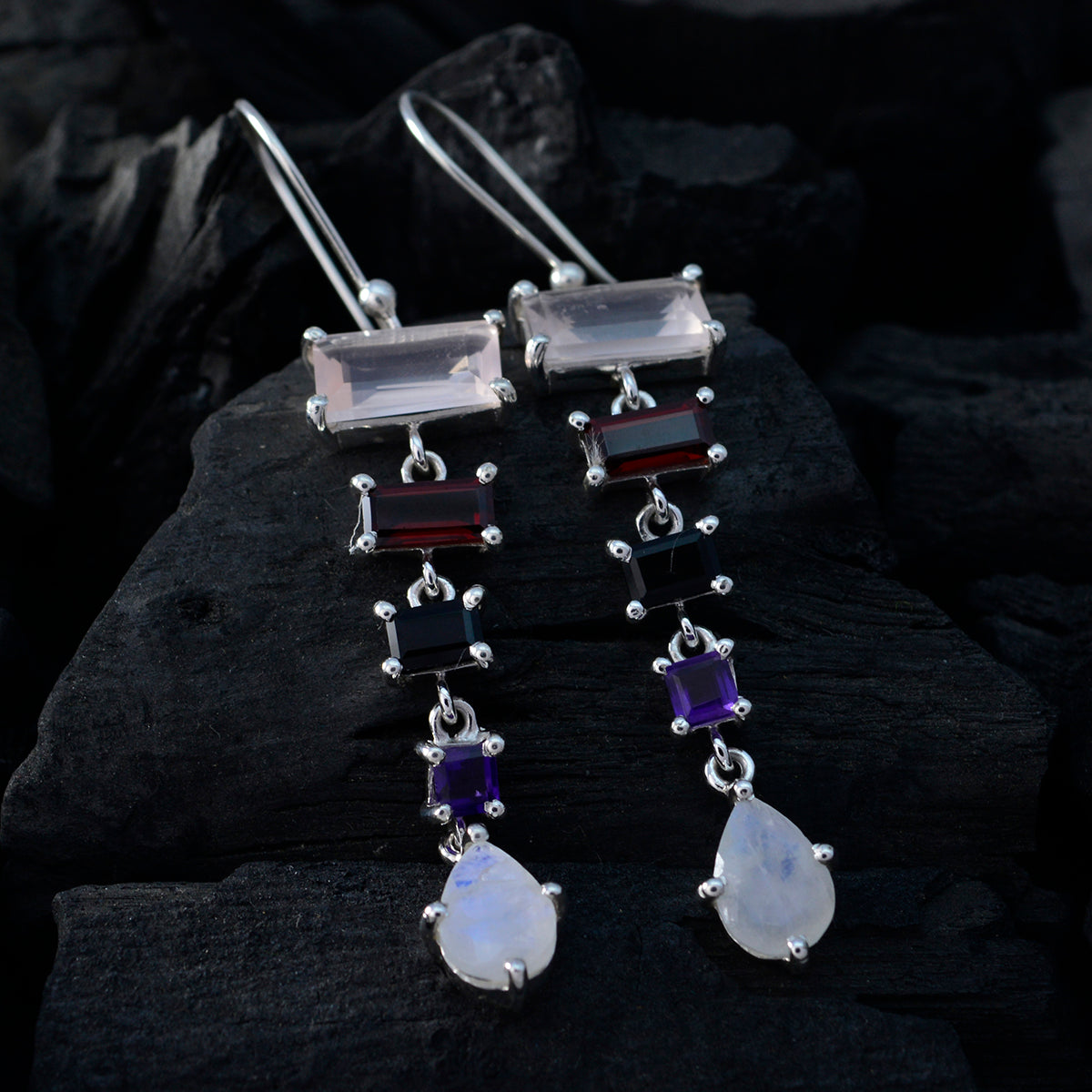 Riyo Genuine Gems multi shape Faceted Multi Multi Stone Silver Earrings gift for Faishonable day