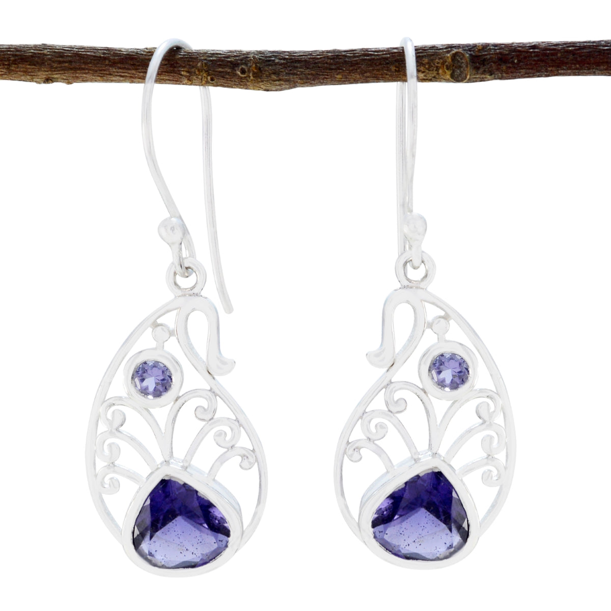 Riyo Genuine Gems multi shape Faceted Nevy Blue Iolite Silver Earrings b' day gift