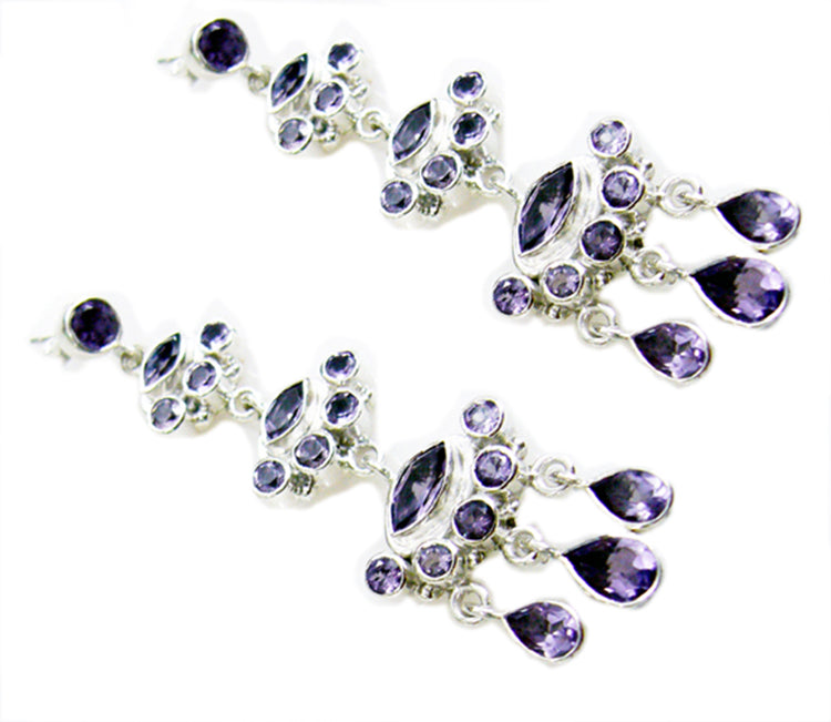 Riyo Genuine Gems multi shape Faceted Purple Amethyst Silver Earring gift for good