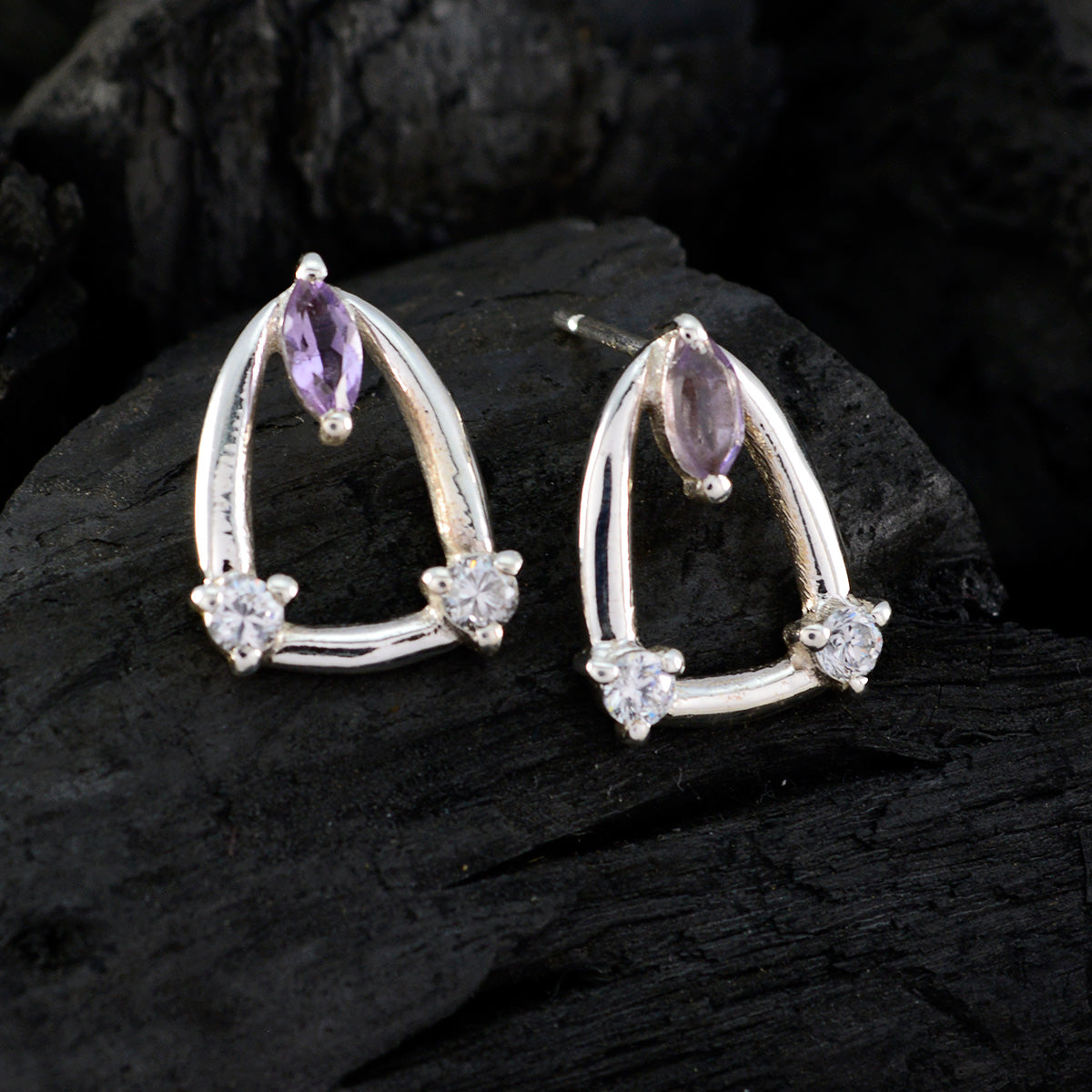 Riyo Genuine Gems multi shape Faceted Purple Amethyst Silver Earring gift for new years day