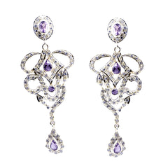 Riyo Genuine Gems multi shape Faceted Purple Amethyst Silver Earring valentine's day gift
