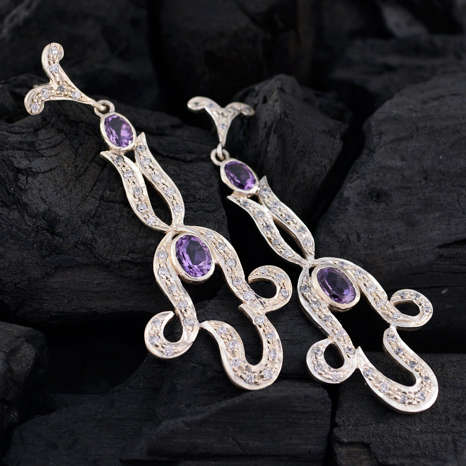 Riyo Genuine Gems multi shape Faceted Purple Amethyst Silver Earrings b' day gift