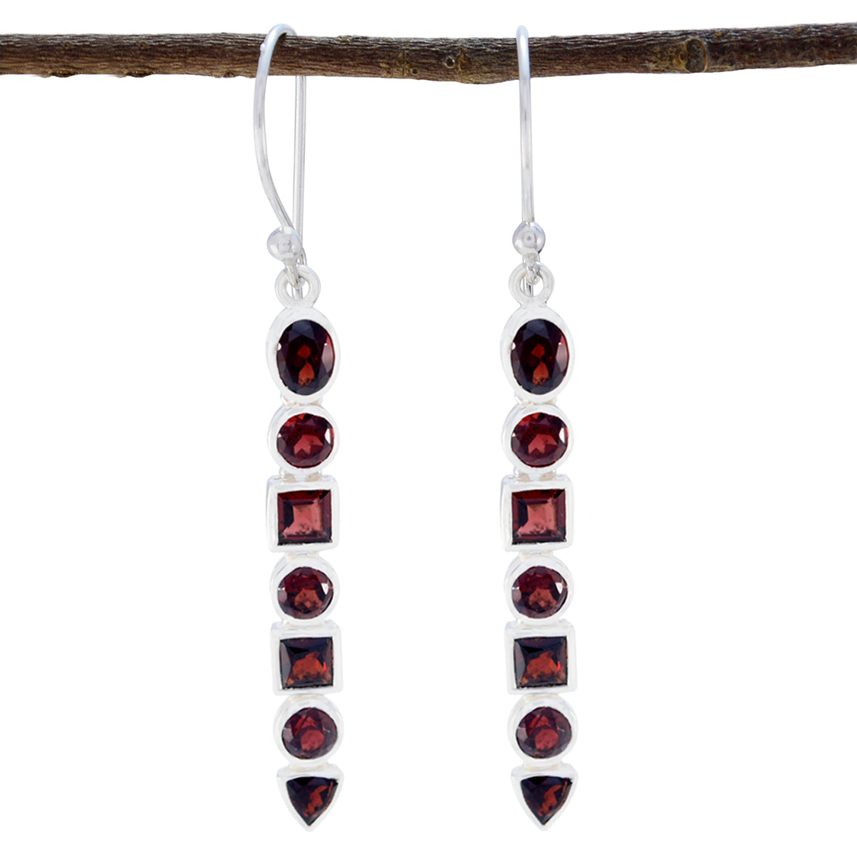Riyo Genuine Gems multi shape Faceted Red Garnet Silver Earrings gift for mom birthday