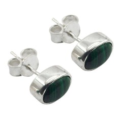 Riyo Genuine Gems oval Cabochon Green Malachatie Silver Earrings christmas day gift