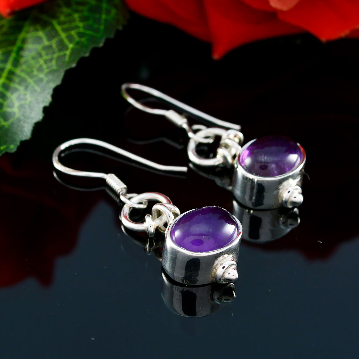 Riyo Genuine Gems oval Cabochon Purple Amethyst Silver Earrings gift for daughter's day