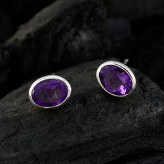 Riyo Genuine Gems oval Faceted Purple Amethyst Silver Earring gift for handmade