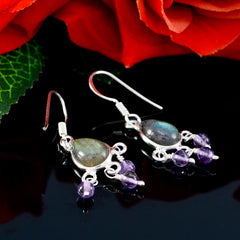 Riyo Genuine Gems pear Cabochon Multi Multi Stone Silver Earring gift for valentine's day