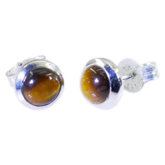 Riyo Genuine Gems round Cabochon Brown Tiger Eye Silver Earring anniversary gift