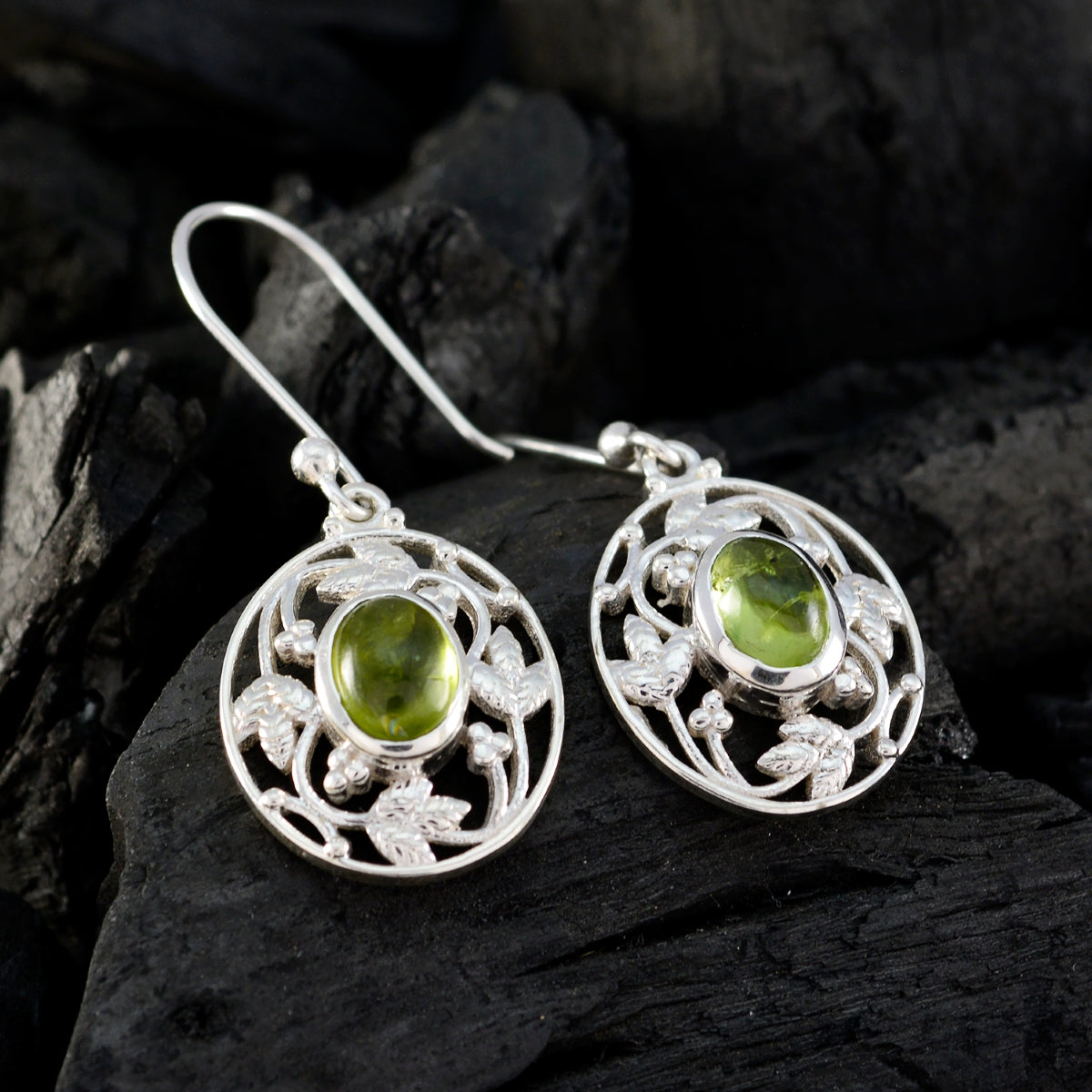 Riyo Genuine Gems round Cabochon Green Peridot Silver Earrings gift