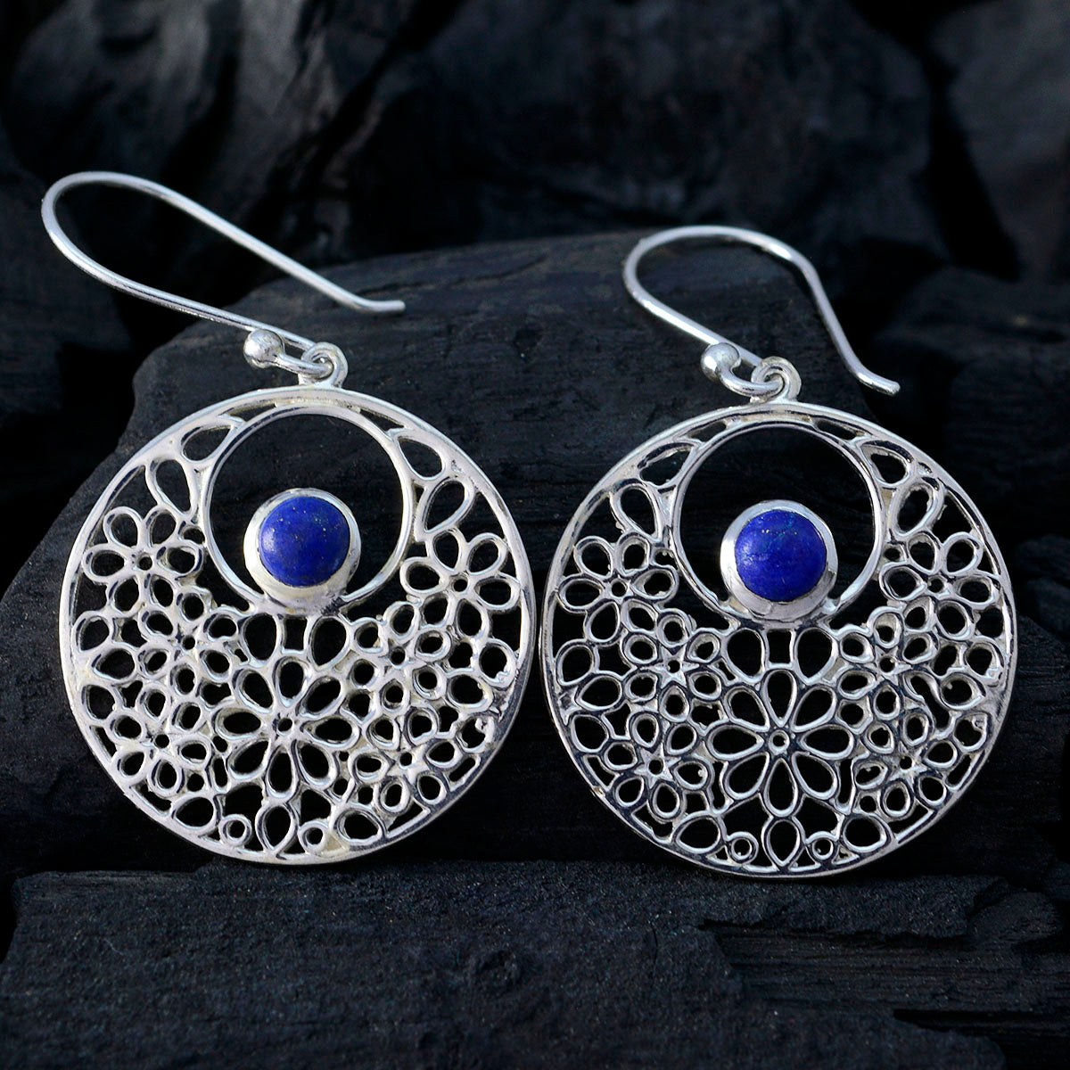 Riyo Genuine Gems round Cabochon Nevy Blue Lapis Lazuli Silver Earrings gift for mom