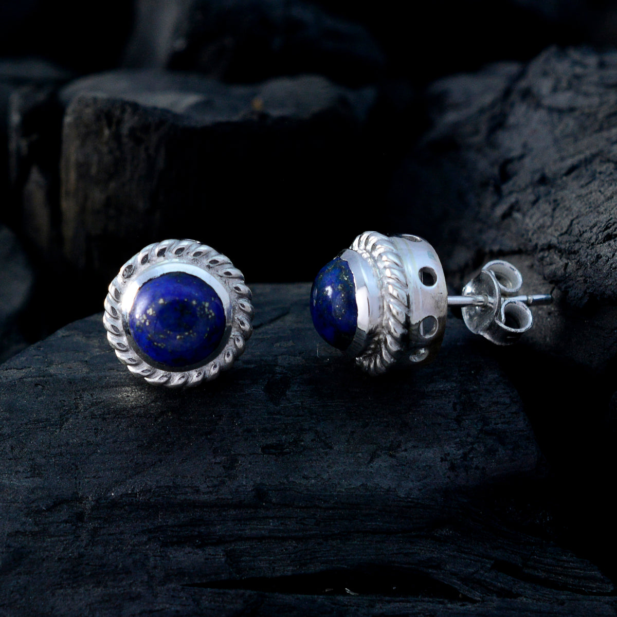 Riyo Genuine Gems round Cabochon Nevy Blue Lapis Lazuli Silver Earrings gift for thanks giving