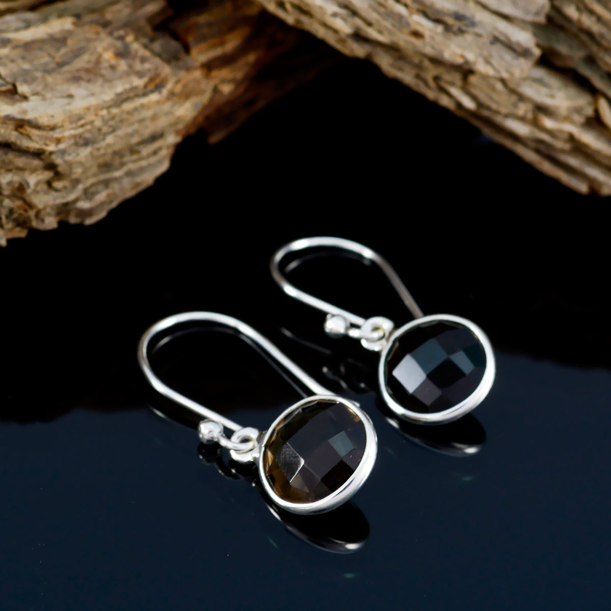 Riyo Genuine Gems round Checker Brown Smokey Quartz Silver Earrings mothers day gift