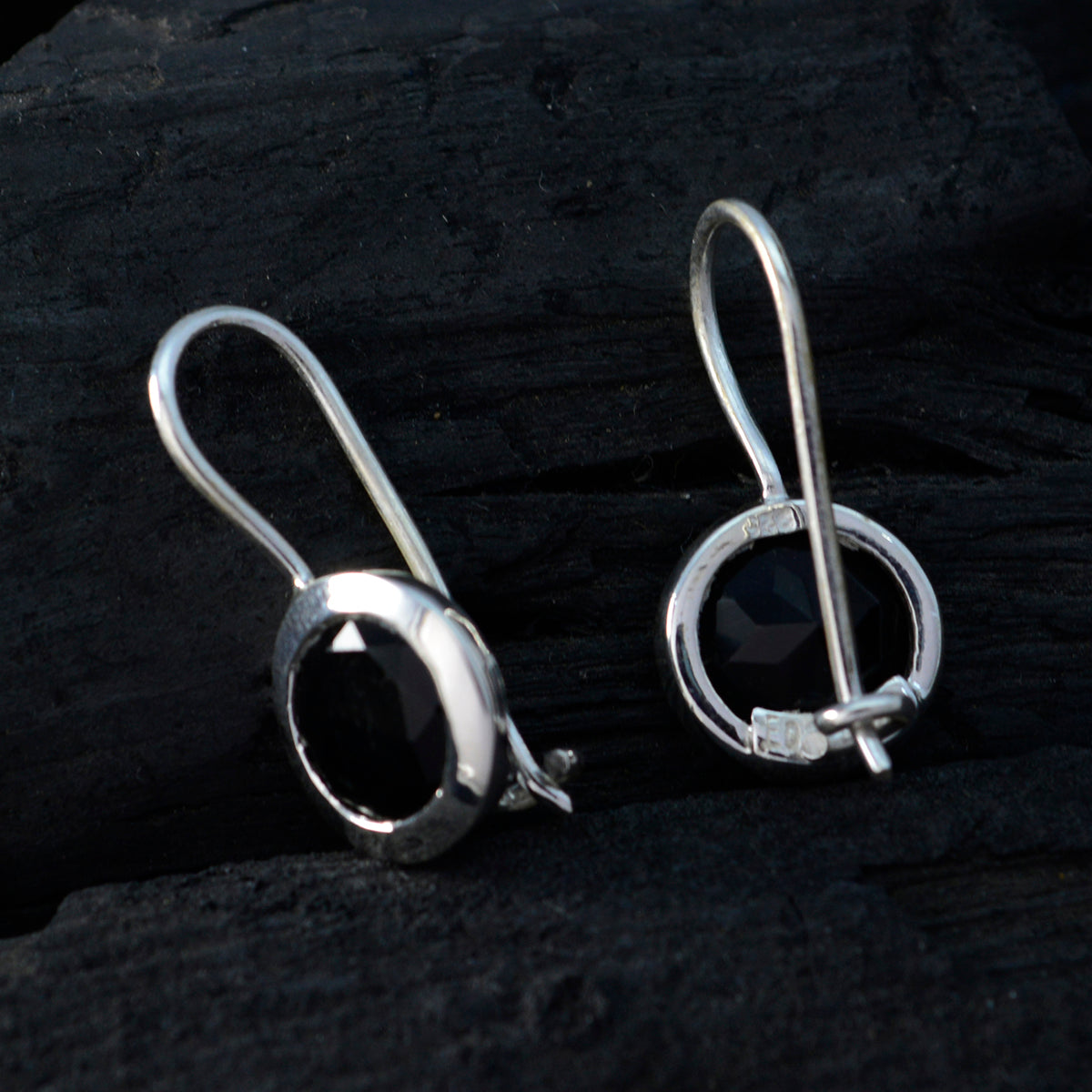Riyo Genuine Gems round Faceted Black Onyx Silver Earring gift for black Friday