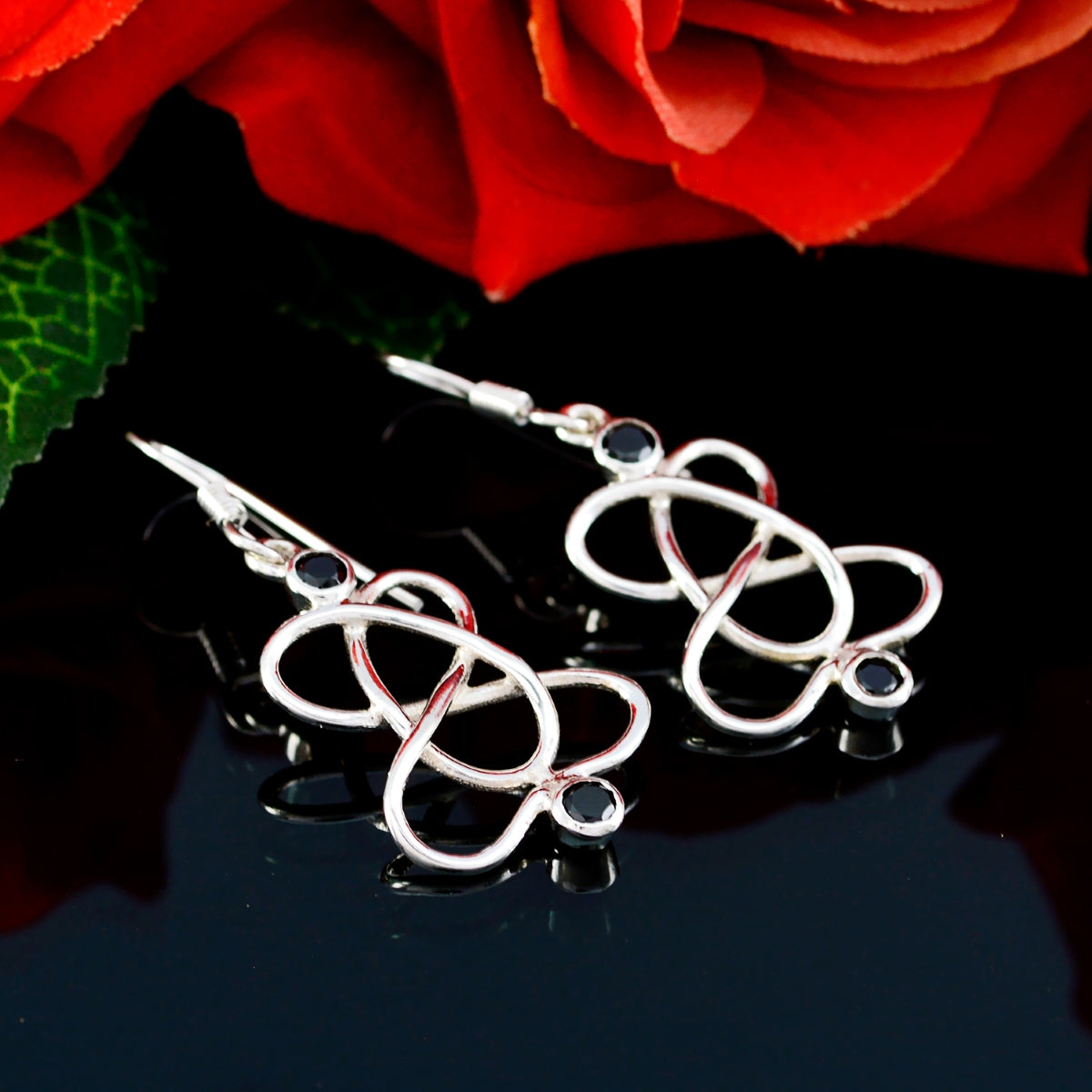 Riyo Genuine Gems round Faceted Black Onyx Silver Earring gift for halloween