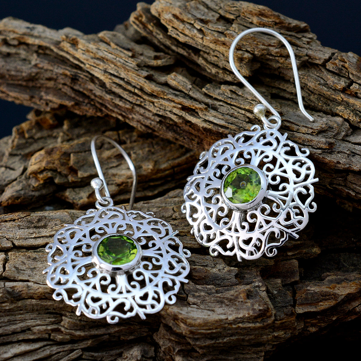 Riyo Genuine Gems round Faceted Green Peridot Silver Earrings gift for independence day
