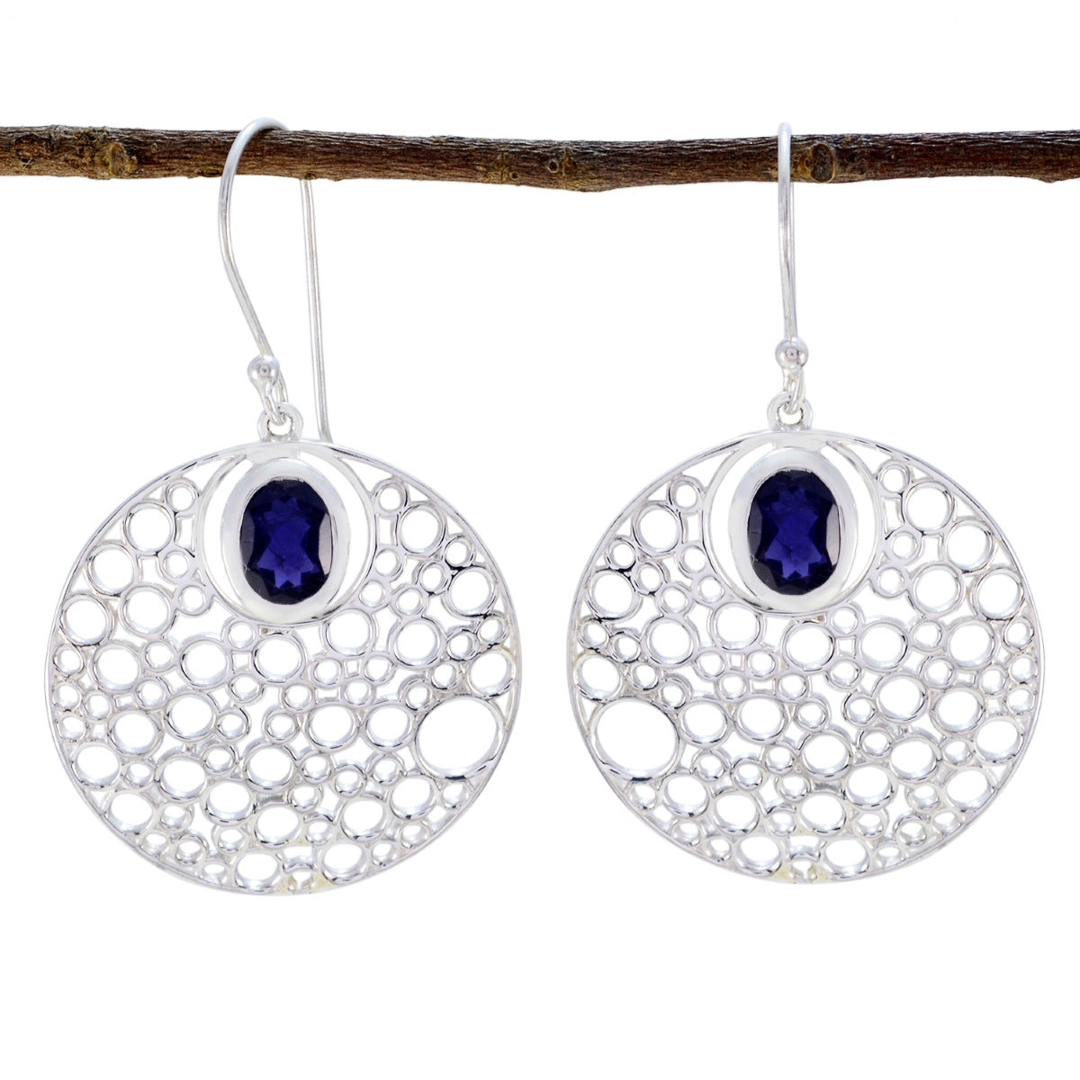 Riyo Genuine Gems round Faceted Nevy Blue Iolite Silver Earrings gift for st. patricks day