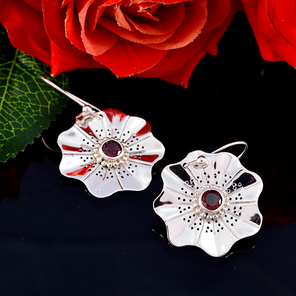 Riyo Genuine Gems round Faceted Red Garnet Silver Earring grandmom gift