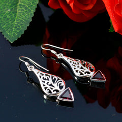 Riyo Genuine Gems triangle Faceted Red Garnet Silver Earrings independence gift