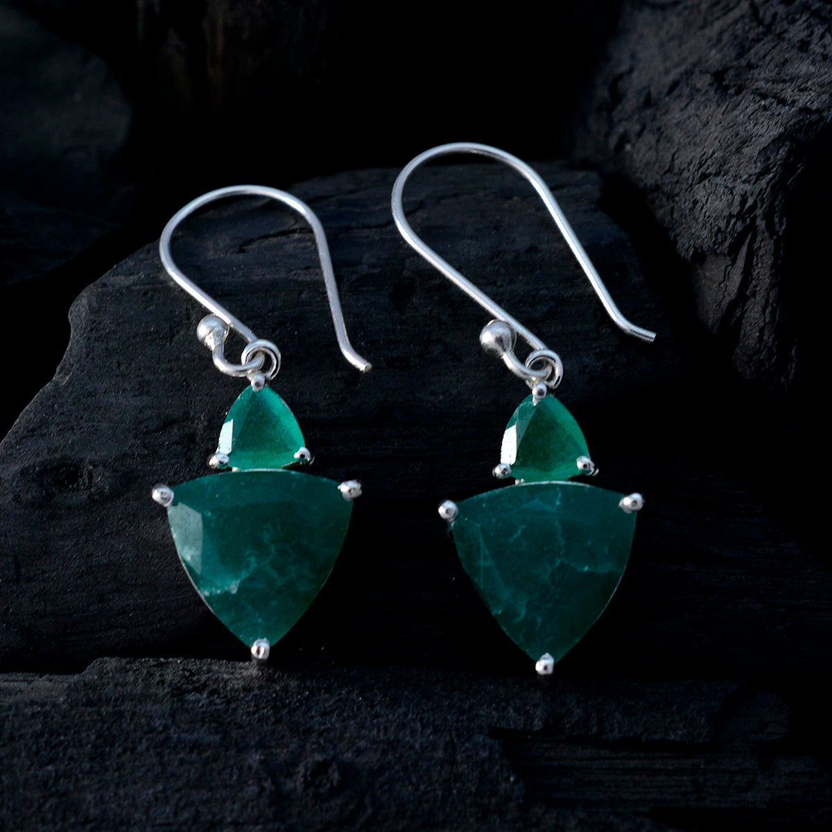 Riyo Genuine Gems trillion Checker Green Indian Emerald Silver Earrings gift for mother's day