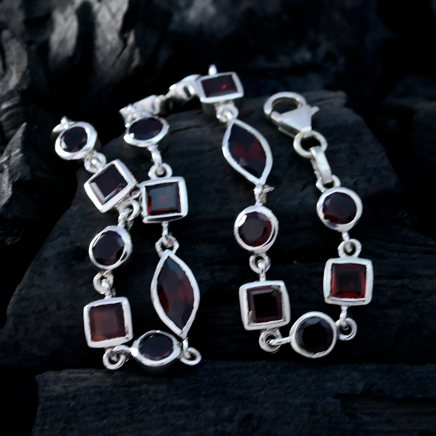 Riyo Good Gemstones Multi Shape Faceted Red Garnet Silver Bracelet gift