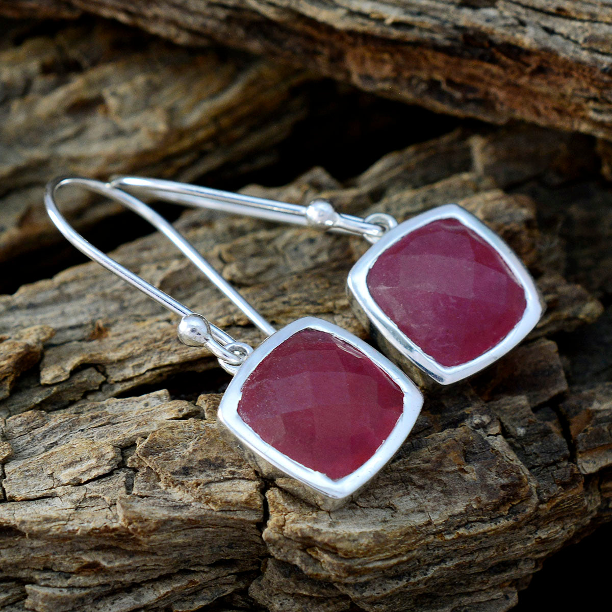Riyo Good Gemstones Octogon Checker Red Indian Ruby Silver Earring children day gift