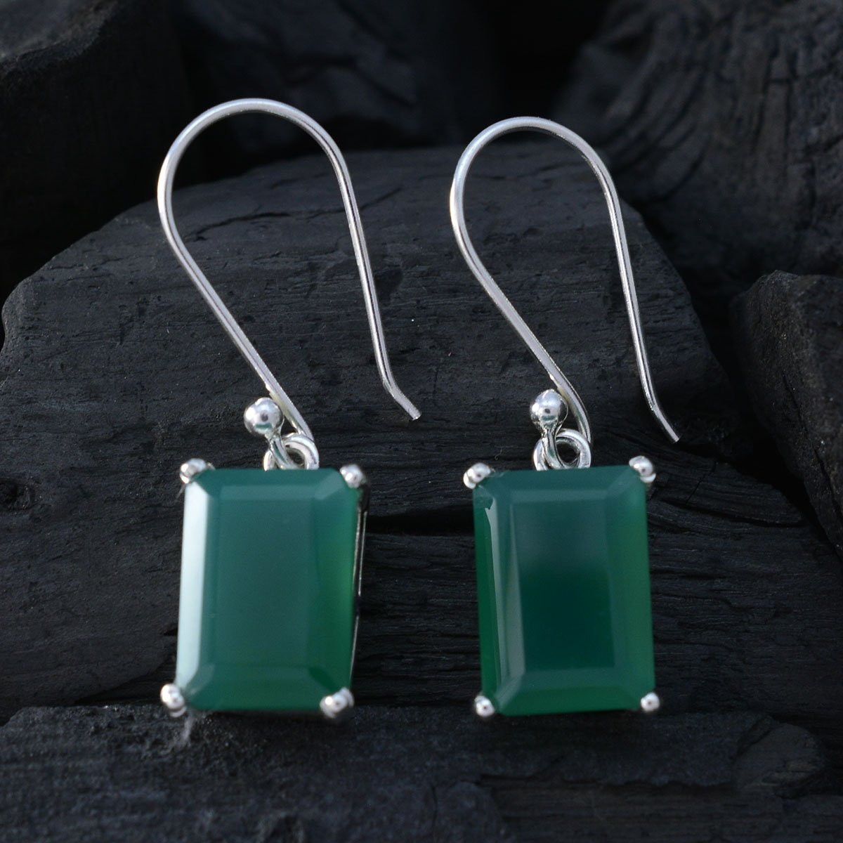 Riyo Good Gemstones Octogon Faceted Green Onyx Silver Earrings gift fordaughter day