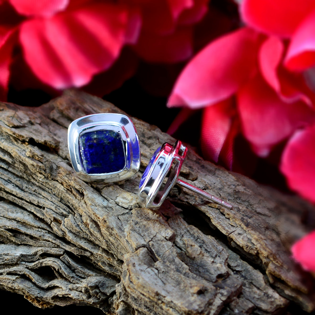 Riyo Good Gemstones Octogon Faceted Nevy Blue Lapis Lazuli Silver Earring graduation gift