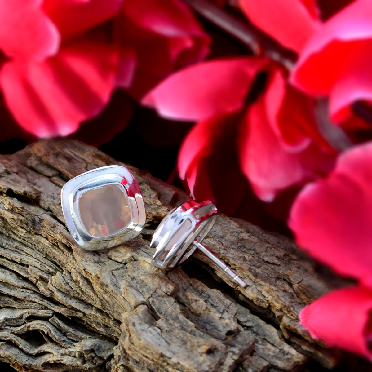 Riyo Good Gemstones Octogon Faceted Pink Rose Quartz Silver Earrings gift for friends