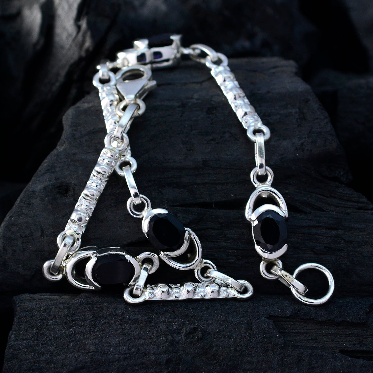 Riyo Good Gemstones Oval Faceted Black Black Onyx Silver Bracelet gift for halloween