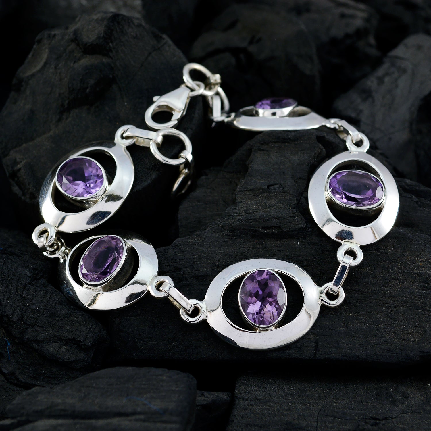 Riyo Good Gemstones Oval Faceted Purple Amethyst Silver Bracelets gift for girlfriend