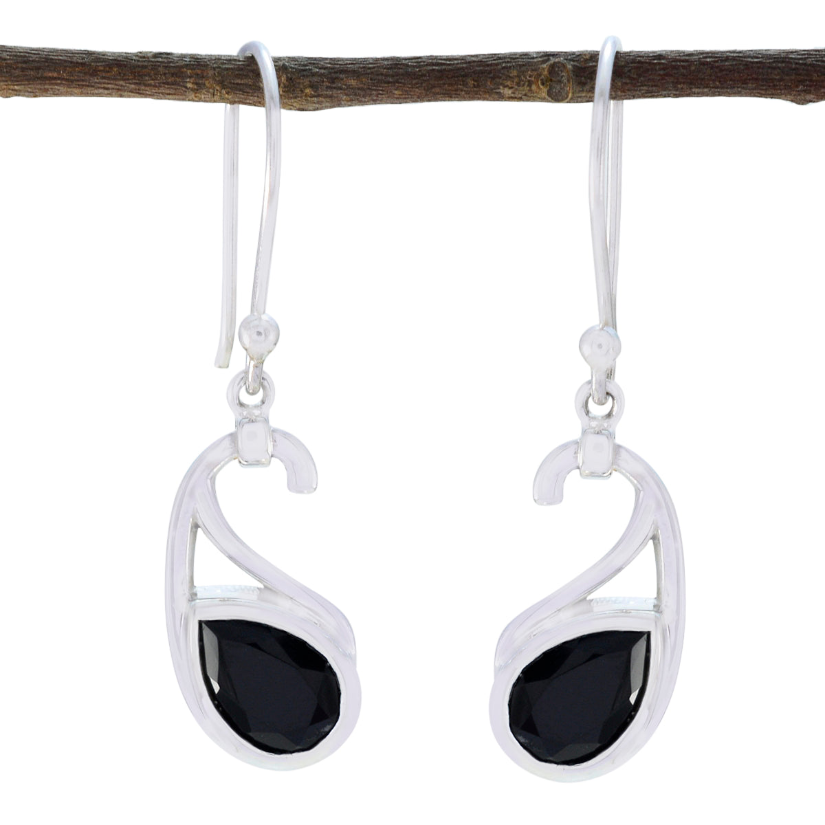 Riyo Good Gemstones Pear Faceted Black Onyx Silver Earring gift fordaughter day