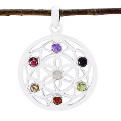 Riyo Good Gemstones Round Cabochon Multi Color Multi Stone Solid Silver Pendant mothers day gift