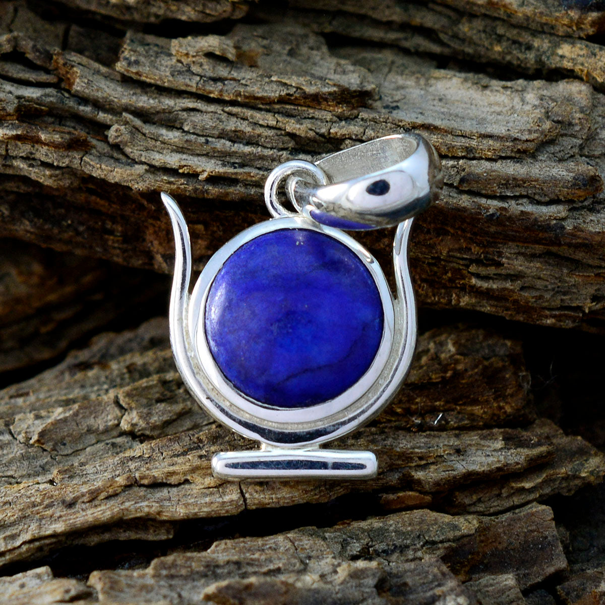 Riyo Good Gemstones Round Cabochon Nevy Blue Lapis Lazuli 925 Silver Pendant gift for good