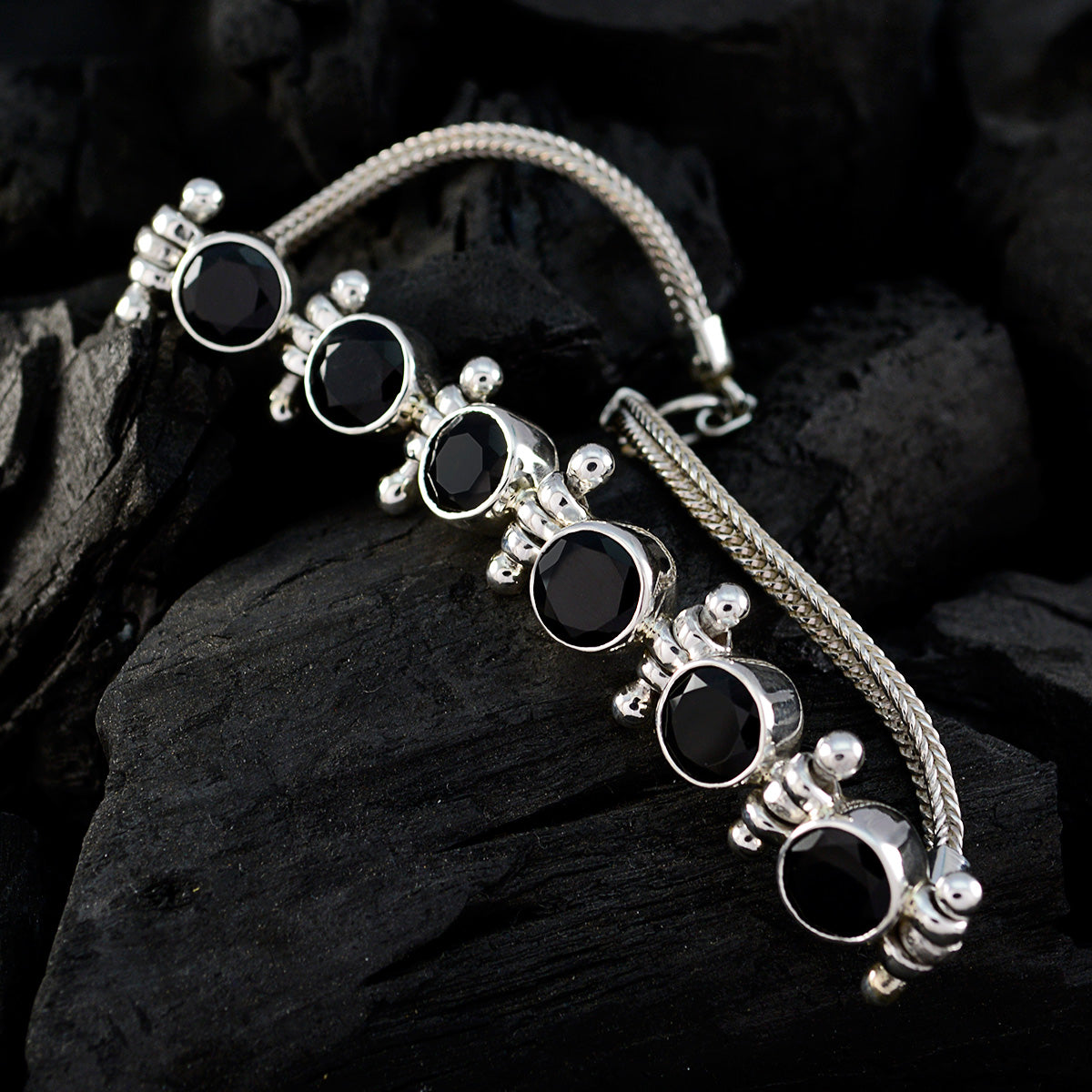 Riyo Good Gemstones Round Faceted Black Black Onyx Silver Bracelet gift for teacher's day