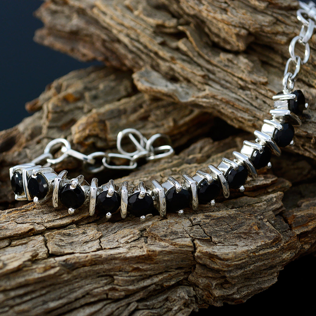 Riyo Good Gemstones Round Faceted Black Black Onyx Silver Bracelets gift for mother's day